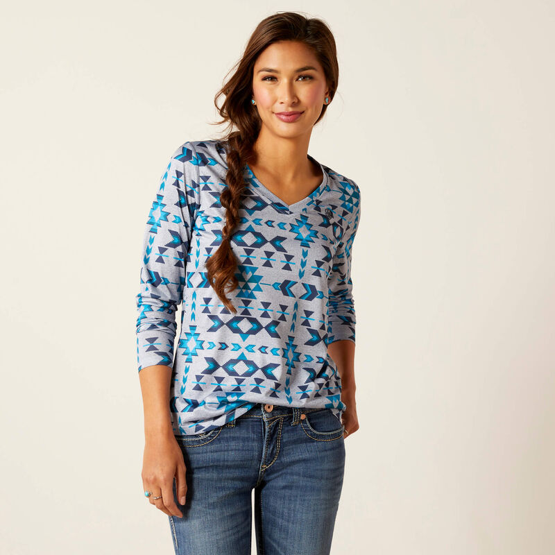 AriatTek Women's V Neck Riverton Print SPF Performance Long Sleeve Laguna Top