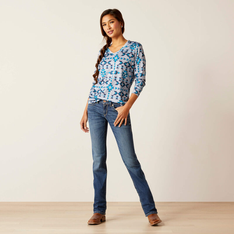 AriatTek Women's V Neck Riverton Print SPF Performance Long Sleeve Laguna Top
