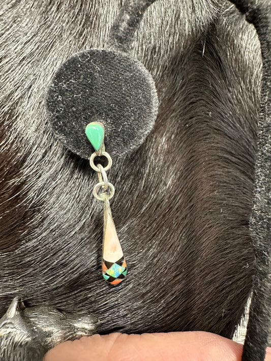 Vintage Sterling Silver Inlay Turquoise Opal Onyx Mother of Pearl Coral Earrings