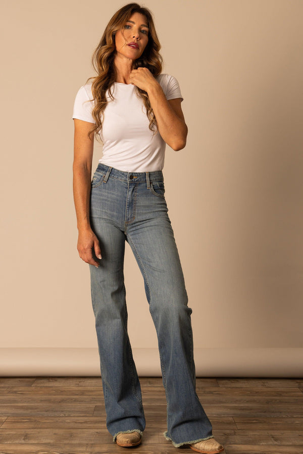 Kimes Ranch Jeans Women's HIGH RISE Stovepipe Raw Hem OLIVIA Flare Jeans
