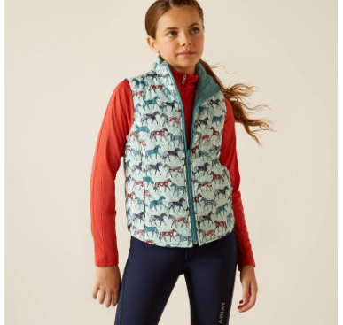 ARIAT YOUTH BELLA REVERSIBLE INSULATED VEST MOSAIC BLUE/AQUA FOAM HERD PRINT