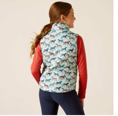 ARIAT YOUTH BELLA REVERSIBLE INSULATED VEST MOSAIC BLUE/AQUA FOAM HERD PRINT