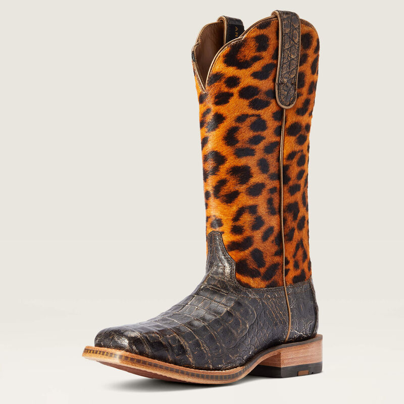 Donatella Chocolate Caiman Leopard Hair-on Western Boot