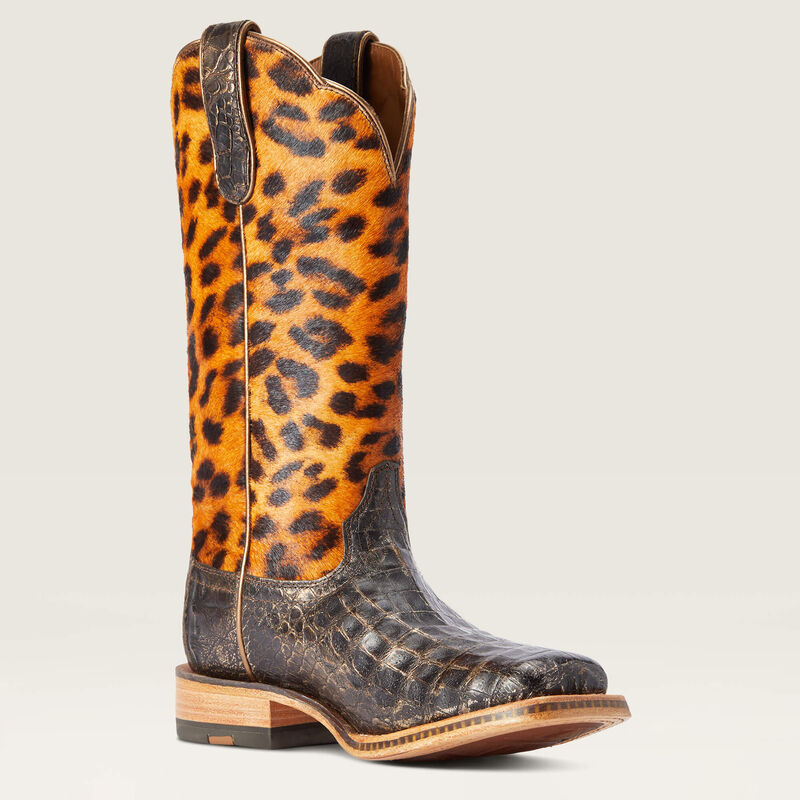 Donatella Chocolate Caiman Leopard Hair-on Western Boot