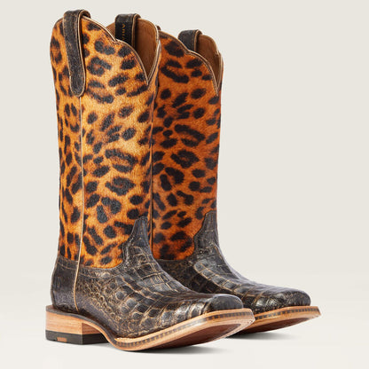 Donatella Chocolate Caiman Leopard Hair-on Western Boot