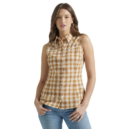 Wrangler Yellow Plaid Women's Sleeveless Collared Snap Front Shirt 112347142