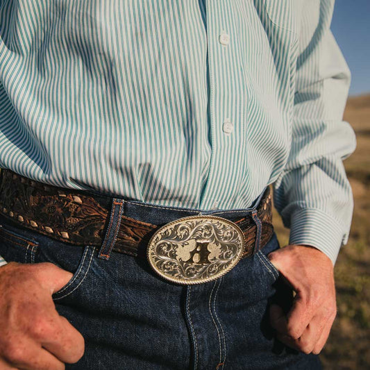 Montana Silversmiths Classic Western Oval Two-Tone Initial Belt Buckle - J