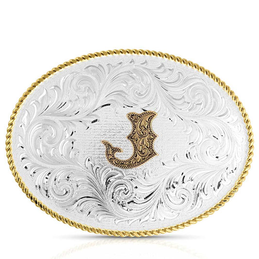 Montana Silversmiths Classic Western Oval Two-Tone Initial Belt Buckle - J