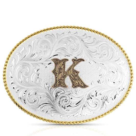 Montana Silversmiths Classic Western Oval Two-Tone Initial Belt Buckle - K
