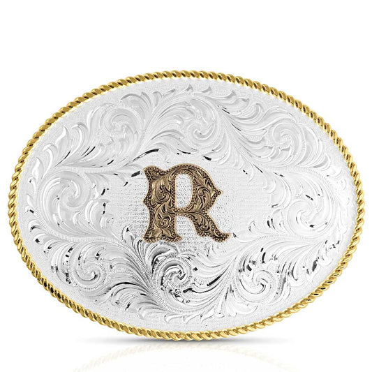 Montana Silversmiths Classic Western Oval Two-Tone Initial Belt Buckle - R