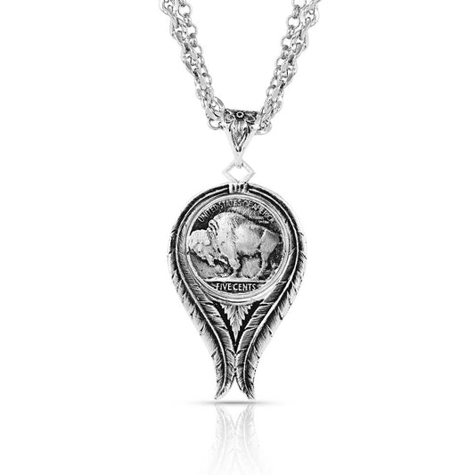 Montana Silversmiths Buffalo Nickel Feather Necklace NC4878 *Bison Nickel Necklace*