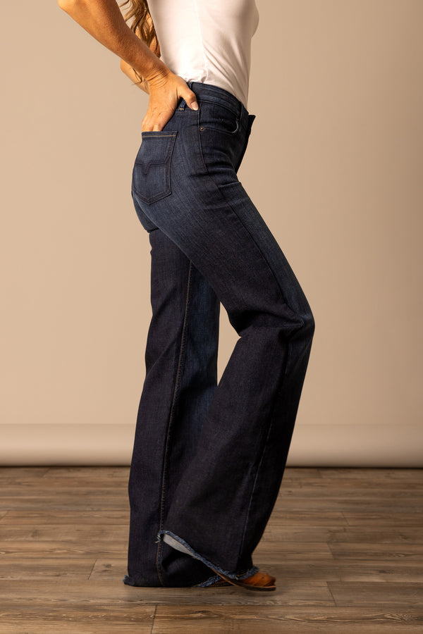 Kimes Ranch Women's HIGH RISE Raw Hem Dark Blue OLIVIA Flare Jeans
