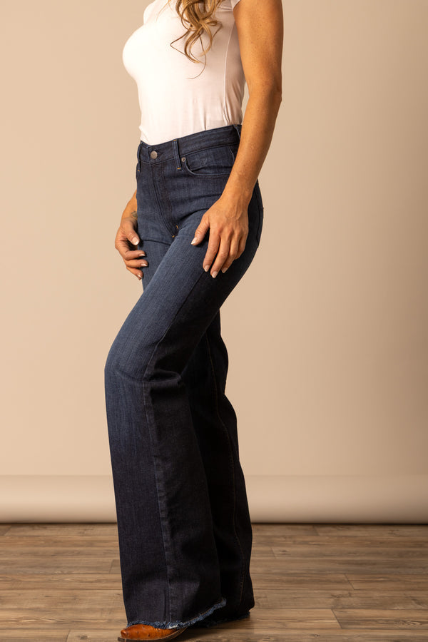 Kimes Ranch Women's HIGH RISE Raw Hem Dark Blue OLIVIA Flare Jeans