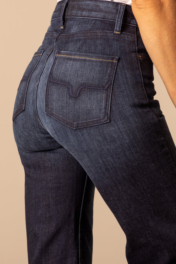 Kimes Ranch Women's HIGH RISE Raw Hem Dark Blue OLIVIA Flare Jeans